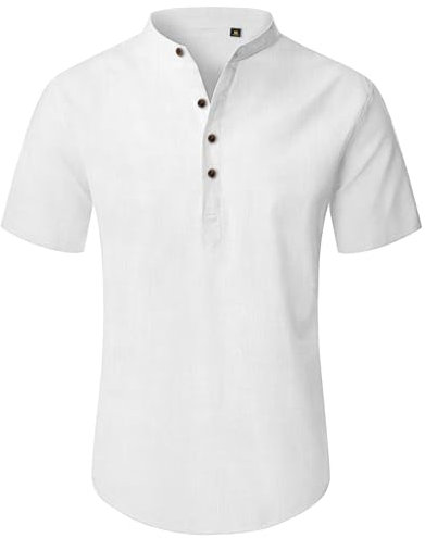 siliteelon White Linen Shirts Mens Shirts Short Sleeve Henley Grandad Shirt for Men Regular Fit Casual Summer Shirt Holiday Trip Tops