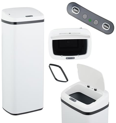 Relaxdays Cubo de Basura Cocina con Sensor, 50 L, Tapa Eléctrica, Soporte para Bolsas, Papelera Automática, Blanco, Acero, Plástico