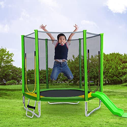 Jtyca 7ft Kids Trampoline with Slide, Outdoor Trampoline with Safety Encloser Netting and Ladder for Indoor and Outdoor Use, Heavy Duty Steel Frame Jumping Trampolines, Green