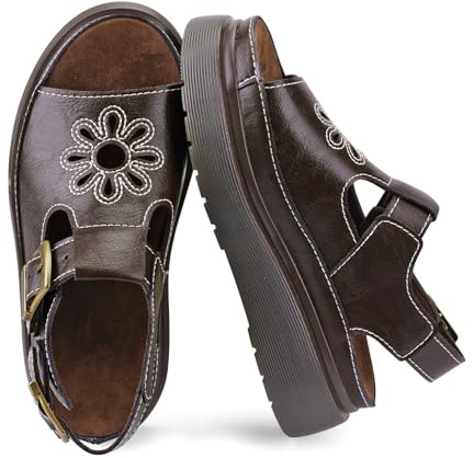 KIFIWUI Platform Sandals for Women Fashion Chunky Ankle Buckle Casual Open Toe Comfortable Flower Decoration Fisherman Sandals Everyday Walks and Parties Brown Size 8