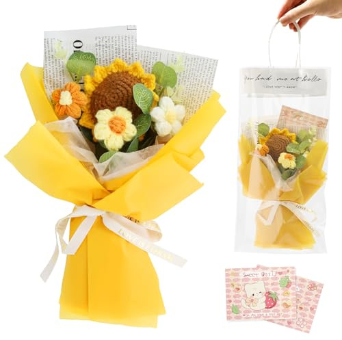 Graplan Gehäkelte Blumen, Handgefertigte Sonnenblumen Künstliche Blumenstrauß, Häkelblumenstrauß für Jubiläen, Muttertag, Valentinstag, Familie Blumenarrangement – Inkl. Grußkarte
