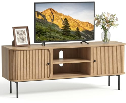Yvsevnr Long TV Units for Living Room 150cm TV Stand Cabinet for 65 Inch TV with 2 Sliding Doors, TV Entertainment Center with Metal Legs, Wooden TV Console for Bedroom, Rustic, Oak