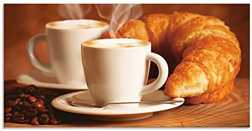 ARTland Qualitätsbilder I Wanddeko Glasbilder Glas Bilder 100 x 50 cm Ernährung Genuss Getränke Kaffee Foto Braun A7EZ Dampfender Cappuccino und Croissant
