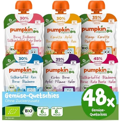 Pumpkin Organics 48er Pack QUERBEET Bio Gemüse-Quetschies - Quetschie ohne Zuckerzusatz¹ - Babynahrung für Babys ab dem 8. Monat - Bestsellerpaket (48x100g)