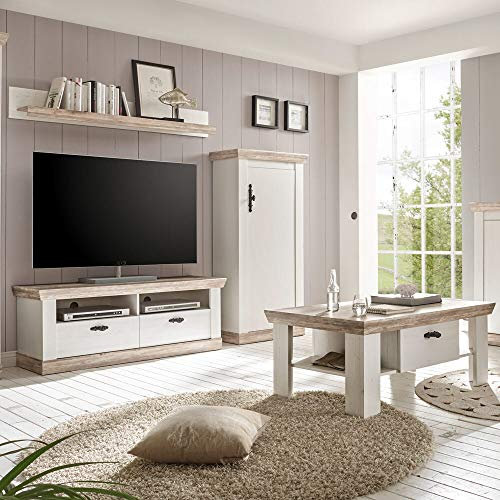 Landhaus Wohnwand Pinie weiß mit Kommode, TV-Lowboard, Regal & Couchtisch