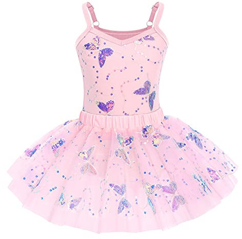 IWEMEK Mädchen Ballettkleid Ärmellos Pailletten Schmetterling Balletttrikot Ballettanzug Tanzkleid Tanzbody Top mit Tütü Rock Ballettrock 2tlg Kinder Ballettkleidung Gymnastik Rosa 7-8 Years