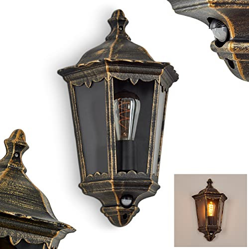 Außenwandleuchte Hongkong m. Bewegungsmelder, Wandlampe in antikem Look aus Metall/Glas in Braun-Gold/Klar, Retro/Vintage Wandleuchte, E27-Fassung, für Terrasse/Hof/Eingangsbereich, ohne Leuchtmittel
