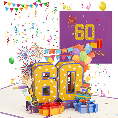 Firtink 60.Geburtstagskarte, 3D Pop Up Karte Geburtstag Pop Up Grußkarten Glückwünsche Geburtstagskarten mit Umschlag für Kinder Mama Frauen Männer Romantik Geschenk-Karte zum 60. Geburtstag