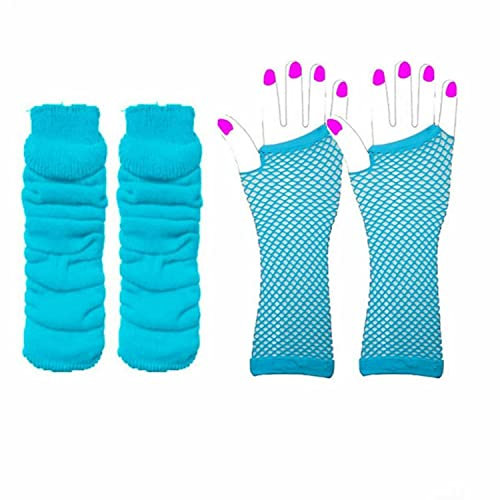 Lizzy Leg Warmers & Fishnet Gloves Set Rainbow Florescent Stripe | 80s Neon Teen Fancy Dress Dance ware Hen Party Tutu Accessory | One Size (Light Blue)