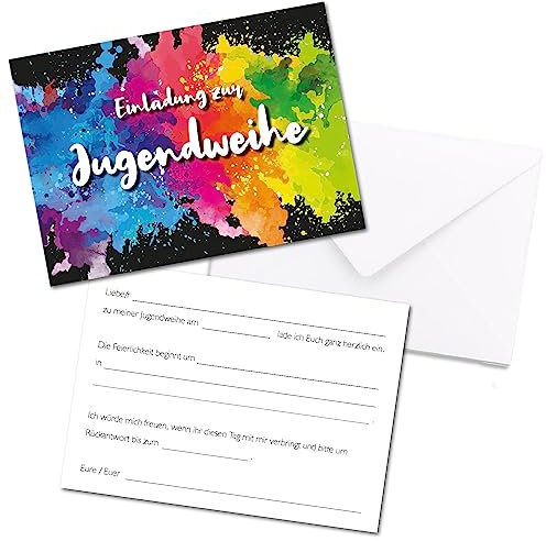 younikat 15 Einladungskarten zur Jugendweihe mit bunten Farbflecken - DIN A6 2 Seiter Querformat - Regenbogen Farbkleckse - Set mit 15 Umschlägen - dv1185