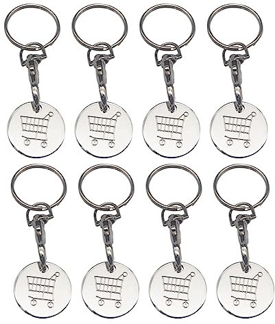 HONUTIGE Trolley Coin Keyring, 8pcs Replacement Trolley Token, Removable Shopping Trolley Token Key Ring, Trolley Tokens for Supermarket Cart Trolley Key(Silver)