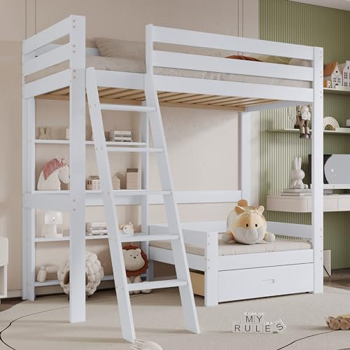 ZYLOYAL10 Etagenbett mit Regalen und Sofa, Holzbett mit Einer Schublade, Kinderbett mit fünfstufiger Schrägleiter, Bettrahmen aus Massivholz, Weiß, 90x200 cm