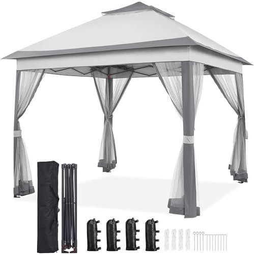Yaheetech Tonnelle de Jardin avec Toiles Moustiquaires 3,3 x 3,3 m pour Camping Stand Commercial Fêtes Bistrot Bar Piscine Toile Imperméable Gris Clair et Gris Foncé