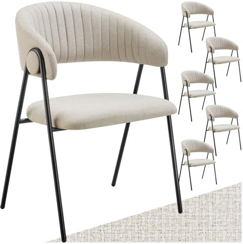 tectake® Armlehnstuhl 6er Set, stylische Esszimmerstühle mit pflegeleichtem Webstoff, C-förmige Rückenlehne mit Steppmuster, Esstisch Stühle mit bequemer Polsterung, Esszimmerstuhl - hellgrau