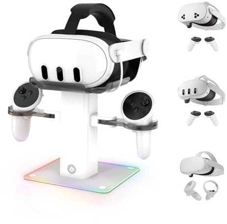 VR Headset Ladehalterung Kompatibel mit Meta Quest 3s/Quest 3/Quest 2/Quest Pro, RGB Vertikaler Stand, Touch-Controller und VR-Zubehör, 7 Lichteffekte einstellbar