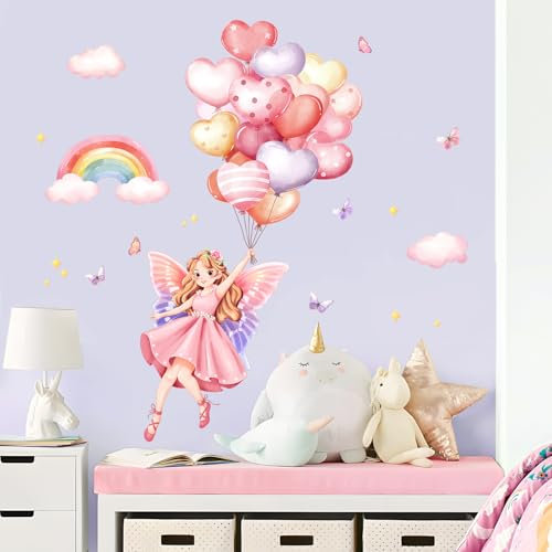 Supzone Wandtattoo rosa Fee Ballons Wandaufkleber Regenbogen Wolke Wandsticker Mädchenzimmer Abziehen und Ankleben Wanddekor für Kinderzimmer Babyzimmer Schlafzimmer Türen Wanddeko