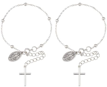 DICOSMETIC 2 Stück Kreuzarmband Platin Rosenkranz Kreuz Perlenkette Armband Verstellbares Jungfrau Maria Kreuzarmband Legierungsreligiöses Kettenarmband Für Frauen Damen