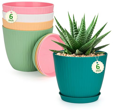 CSYY Plant Pots Indoor, Plastic Planters with Drainage Holes and Saucer, Decorative Stripe Grooves Flower Pots for Indoor Outdoor Houseplants (Colorful, 6in)