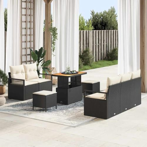 Frdhee Lot de 8 petits meubles d'extérieur, pour terrasse, véranda et piscine, avec coussins de rangement, noir et crème, noir et crème