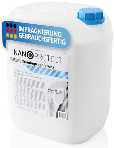 Nanoprotect Steinimprägnierung - 10 L für 80 – 120 m² - Außen und Innen | Wasserabweisende Profiqualität für Terrasse, Einfahrt, Gehweg, Dach, Fassade | Atmungsaktiv | Gegen Schmutz und Grünbelag