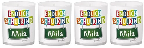 Herz & Heim® Endlich Schulkind personalisierte Kerzen als Tischdekoration zur Schuleinführung im 4er Set mit Namen des Schulkindes