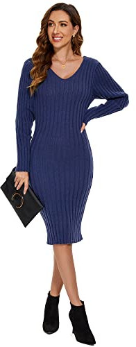 Ever-Pretty Women's Elegant Knit Dress Sweater Dress V-Neck Long Sleeve Long Mermaid Bridesmaid Dresess Navy Blue S