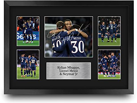 HWC Trading FR A3 Kylian Mbappe, Lionel Messi & Neymar Jr PSG Gedruckte Memorabilien Signiertes Autogramm Fotodisplay für Fußball Anhänger und Fans - A3 Gerahmt
