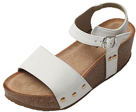 JOMIX Sandales Femme Cuir à Talon été Avec Boucle Réglable Confortables pour Maison Piscine Plage (Blanc, 37)