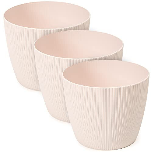 TULMERO Lot de 3 pots de fleurs mats en plastique - Pot décoratif pour grandes plantes - Diamètre : 22 cm - Rose poudré
