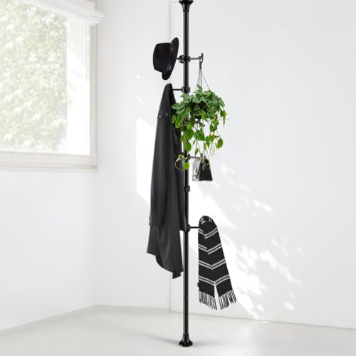 Sempicad Coat Rack Freestanding, 56 to 125 inch Adjustable Tension Rod Hanger with 12 Hooks for Hanging Coat, plant,Jacket, Hat, Scarf, Suitable for Living Room, Balcony, Kitchen Black