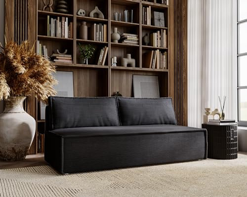 Kaiser Möbel, Klappsofa mit Schlaffunktion, Sofa Duo, Schlafsofa Couch, Loungesofa, Bettsofa, Wohnzimmer, Schlafzimmer, POSO Stoff- Cord 90 x 200 x 92 cm Dunkelgrau