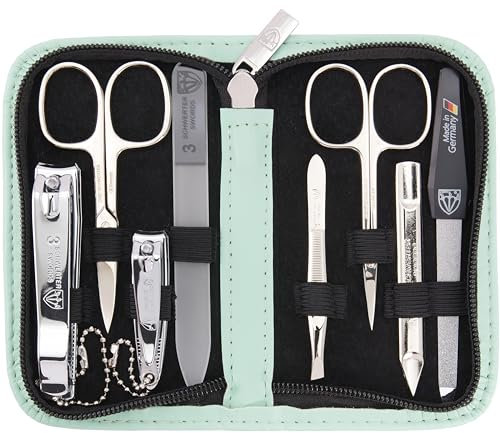 DREI SCHWERTER - Maniküreset 'Roma' - Nageletui mit 8 Instrumenten: Nagelschere, Hautschere, Fuß/Finger-Nagelknipser, Nagelreiniger, Pinzette, Glasnagelfeile, Saphirnagelfeile - mint