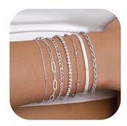Krfy 7-teiliges Silber Armband-Set für Damen: Edelstahl Armbänder mit Büroklammer, Fischgrät, Perlen, Schlangenkette, Verstellbar, Stapelbar