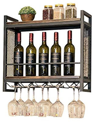 Casier à vin Étagères murales en bois et métal Étagère de rangement pour étagère murale Porte-bouteille de vin Porte-verre à vin Cave vintage Cave à vin (Noir), 60 × 20 × 55 cm nécessaire (A 100