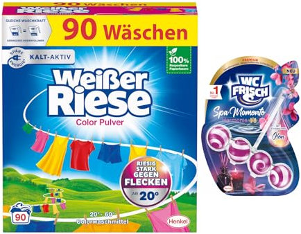 Weißer Riese Color Pulver (90 Waschladungen), Colorwaschmittel wirkt riesig stark gegen Flecken, Kalt-Aktiv schon ab 20° C + WC Frisch Premium Spa Momente Harmonie (1x50g)