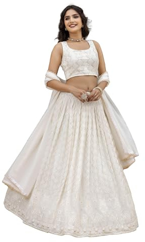 TRENDMALLS Damen Georgette Stickerei Sequenz Arbeit Hochzeit Lehenga Choli mit Dupatta Ready To Wear, Weiss/opulenter Garten, Medium-36