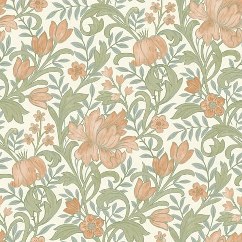 World of Wallpaper Marian Soft Tone, Matte Finish Floral Themed Arts and Crafts Inspired Wallpaper for Living Room, Bedroom, Hallways, Feature Walls - Rust/Cream World of Wallpaper 204105/WOW120