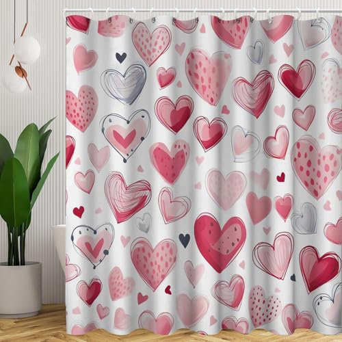 CHEFFS Rideau de douche en forme de cœur - 180 x 200 cm - 180 x 180 cm - Motif cœurs roses et rouges - Motif cœur - En textile - Blanc - Étanche - 180 x 200 cm (l x H) - 1)