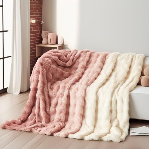 Boqingzhu Kuscheldecke Farbverlauf Rosa Altrosa Pink Weiß150×200cm Flauschig Warm Weich Dick Sofadecke Couchdecke Wohnzimmer Decke Plüschdecke
