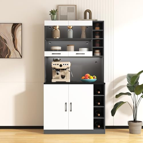 YESGIGA Meuble de cuisine buffet avec éclairage d'ambiance LED et trous pour câbles, buffet de cuisine en bois, grand espace pour micro-ondes, autonome, étagères latérales réglables en hauteur (blanc)