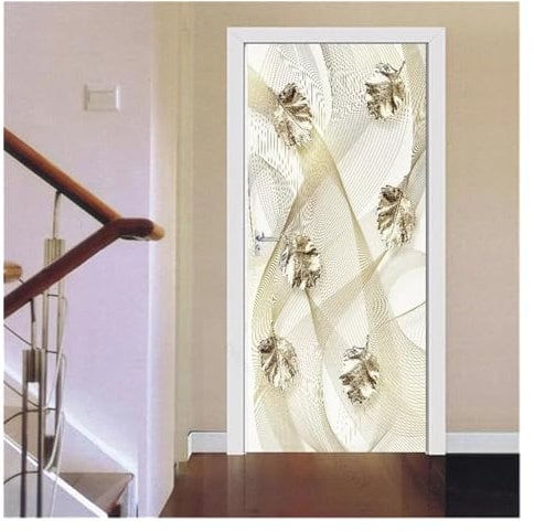 Türaufkleber Türtapete Türbilder Türposter 3D-Gold-Türdekorationsaufkleber, Einfache Abstrakte Linien, Blumen, Tapete Für Wohnzimmer, Heimdekoration, Kunstaufkleber(M,95x215cm)