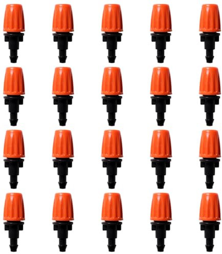VooGenzek 20 Piezas Boquillas de Niebla Ajustables para Tubo 4/7 mm, Boquilla de Atomización para Césped, Boquilla Ajustable de Riego de Jardín, para Césped, Jardín, Naranja