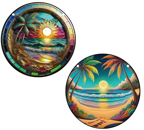 Pqahffowr 6PCS 3D Sunrise and Sunset Decor Stained Decor Window Hangings Decor for Garden Living Room Gift for Her Sign