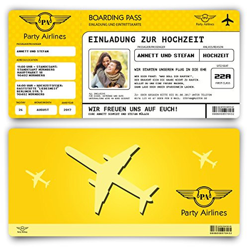 Kartenmachen.de Einladungskarten zur Hochzeit (30 Stück) Flugticket mit Foto Einladung in Gelb
