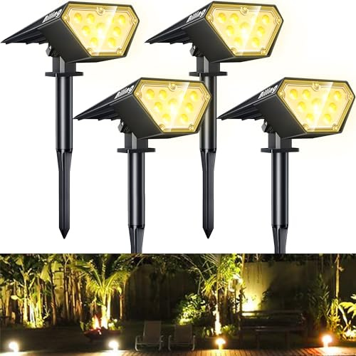Biling Lot de 4 spots solaires d'extérieur - 700 lumens - Étanche IP67 - Réglable - Pour maison, arbre, terrasse, allée, cour, jardin, allée - Blanc chaud
