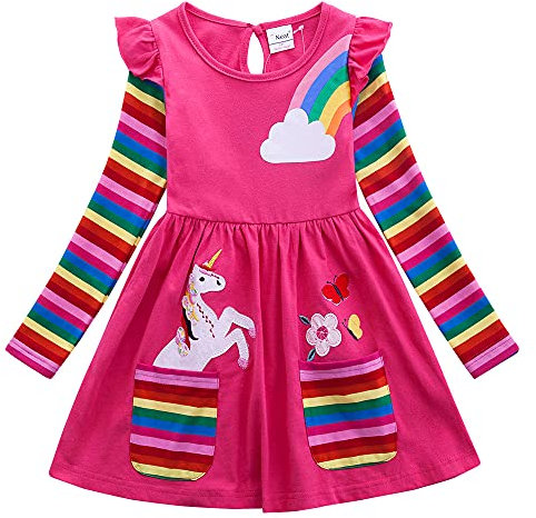 SFreeBo Girls Dresses 7-8 Years Girls Rainbow Long Sleeve T-Shirt Dresses Kids Unicorn Dress Winter Autumn Grils Cotton Casual Pocket Jersey Dress