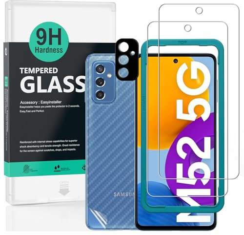 Ibywind Screen Protector (2 Pack) For Samsung Galaxy M52 5G,9H Hardness Tempered Glass,With 1Pc Metal Camera Lens Protector,1Pc Back Protector,Easy to Install