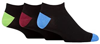 SockShop Wildfeet Mens Bamboo Trainer Socks Pack of 3 Black Blue/Burgundy/Green Heel & Toe 7-11