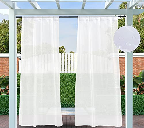 Clothink Outdoor Vorhang Wetterfest Mit Stangendurchzug Transparent, Outdoorvorhänge Wasserdicht Outdoor Gardinen Sonnenschutz Sichtschutz für Balkon Pergola Terrasse (132x215cm, 1 Stück, Weiß)