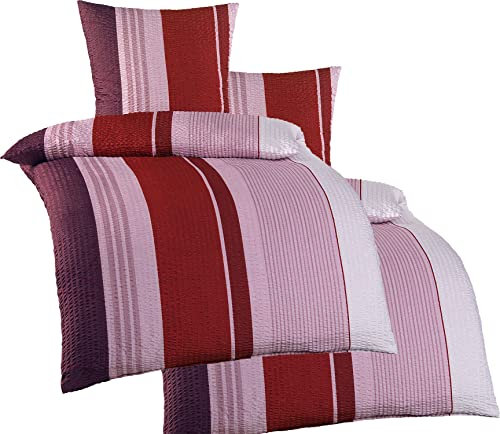 KH-Haushaltshandel 4-TLG. Seersucker Bettwäsche 2X 135x200 +80x80cm, Bordeaux Flieder Streifen, bügelfrei, Microfaser(W400985)